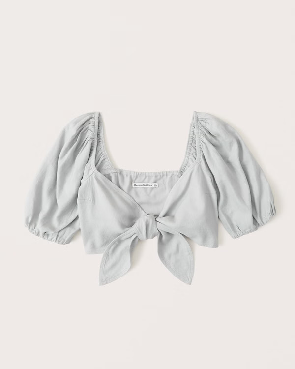Women's Tie-Front Linen-Blend Puff Sleeve Top | Women's Tops | Abercrombie.com | Abercrombie & Fitch (US)
