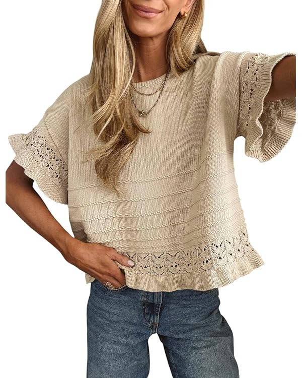 Yeokou Womens Short Sleeve Sweater Round Neck Ruffled Hem Knit Crochet Pullover Summer Fall Casua... | Amazon (US)