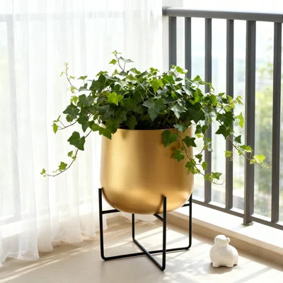 Modern Indoor Plant Stand With Gold Planter - Large Flower Pot For Home And Office Decor, Decorative Metal Plant Holder For Indoor Plants | Wayfair North America