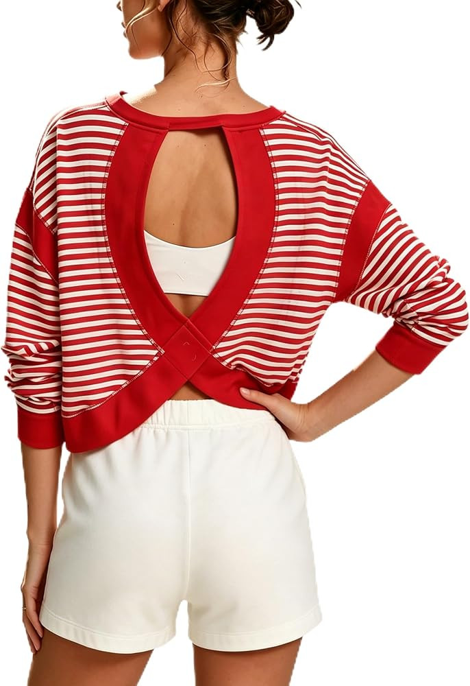 Bozanly Womens Open Back Striped Workout Tops Casual Long Sleeve Y2K Athletic Yoga Loose Shirts | Amazon (US)