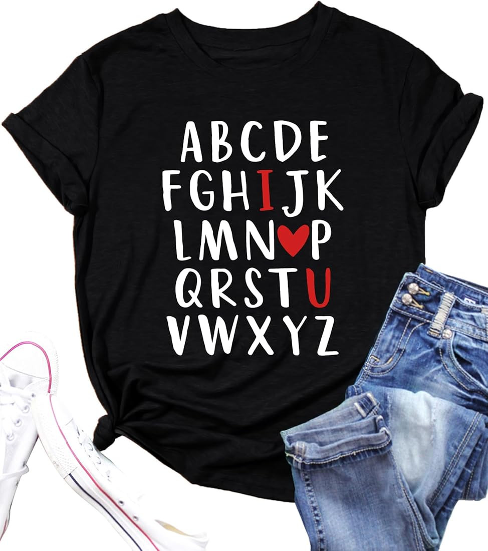 Valentine's Day Shirt Women Alphabet ABC I Love You Printed T-Shirts Teacher Valentine Shirt Tees... | Amazon (US)