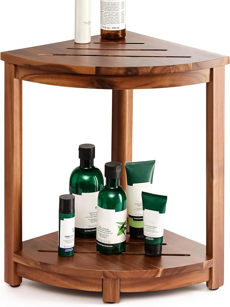 HOLANA 18" Wood Corner Shower Bench & Corner Shower Stool with Storage Shelf - Footrest for Shavi... | Amazon (US)