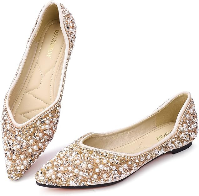 Women's Rhinestone Flats Fashion Pointed Toe Pearl Diamond Low Heel Dress Wedding Flats Work Busi... | Amazon (US)