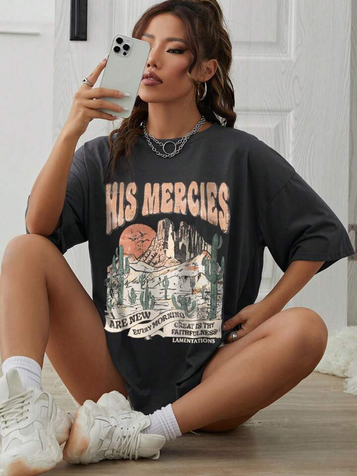 Cactus And Letter Graphic Drop Shoulder Tee | SHEIN