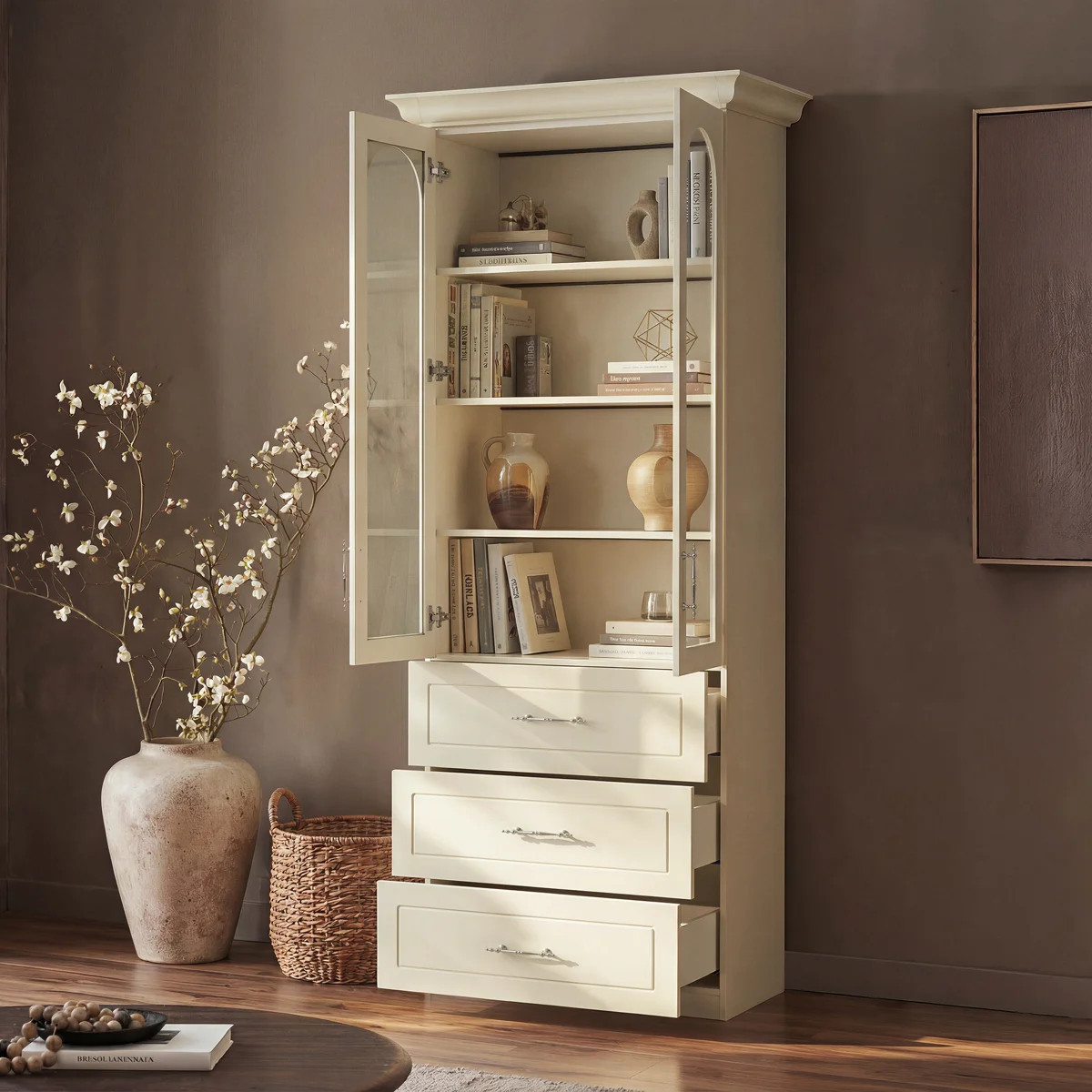 Alderman 92.5" H Bookcase With Glass Doors & 3 Drawers | Wayfair North America