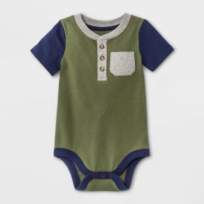 Baby Boys' Henley Colorblock Short Sleeve Bodysuit with Pocket - Cat & Jack™ Olive Green | Target