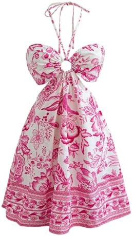 Floerns Women's Floral Halter Neck Vacation Dress Sleeveless Cut Out Boho Cami Dress | Amazon (US)