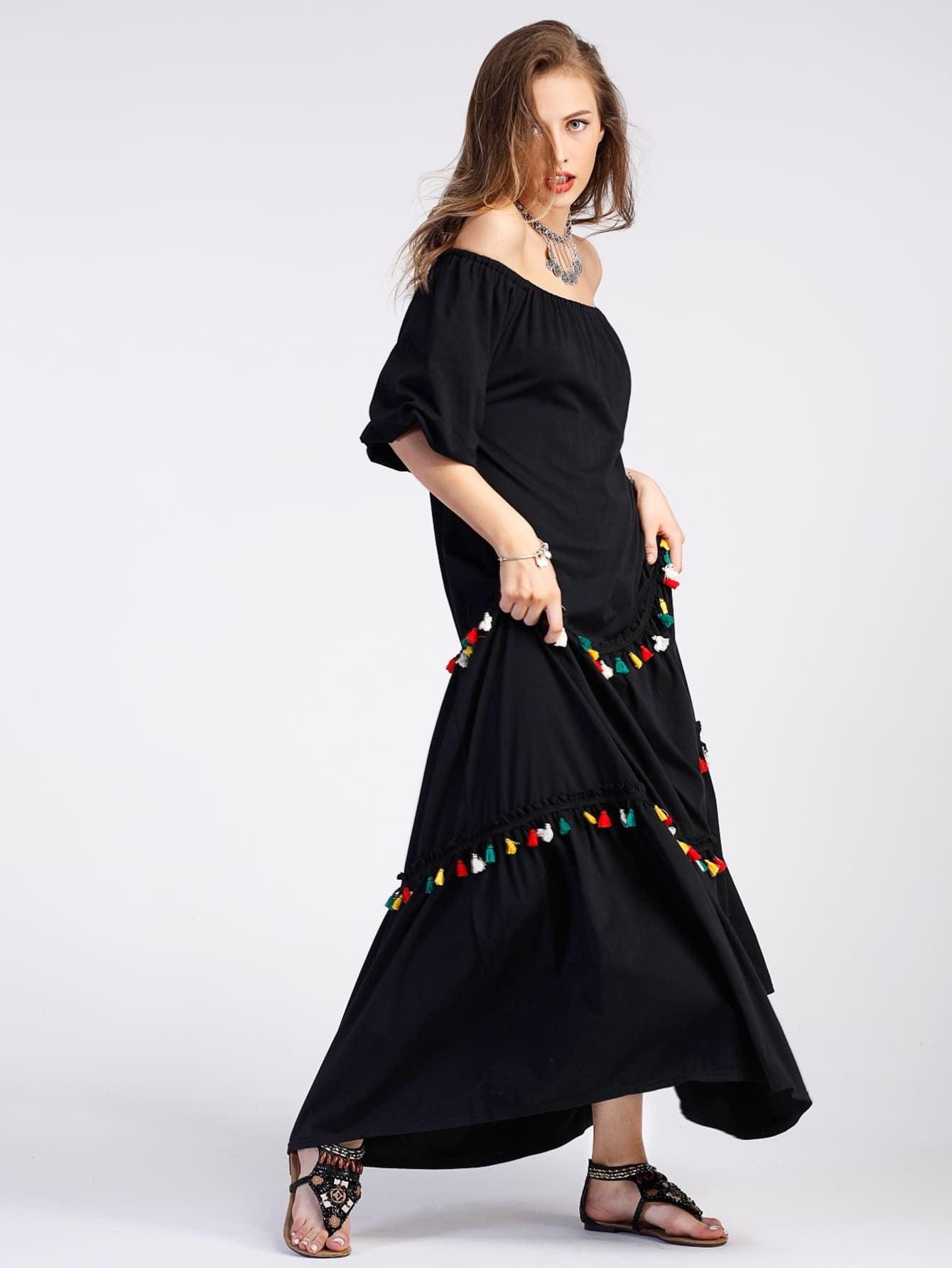 Bardot Tiered Tassel Trim Full Length Dress | SHEIN