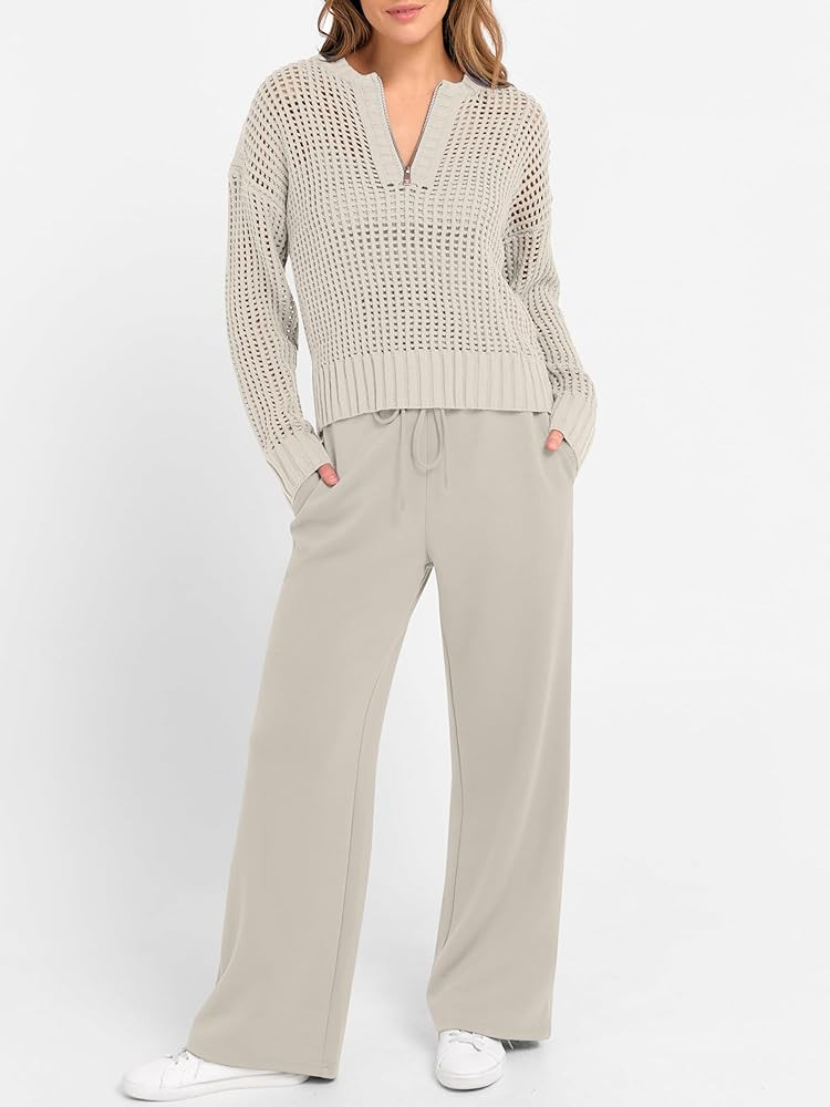 ANRABESS Womens 2 Piece Outfits 2025 Fall Crochet Knit Half Zip Sweater Top Wide Leg Pant Travel ... | Amazon (US)