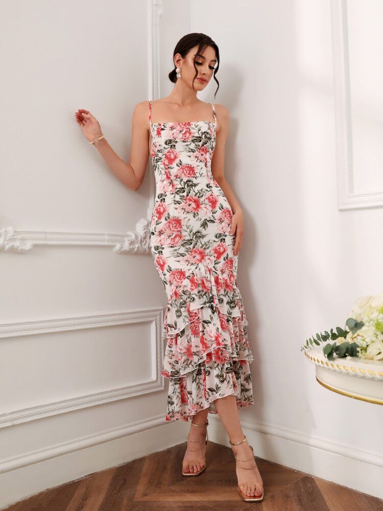 SHEIN Allover Floral Print Lace Up Backless Layered Ruffle Hem Bridesmaid Dress | SHEIN