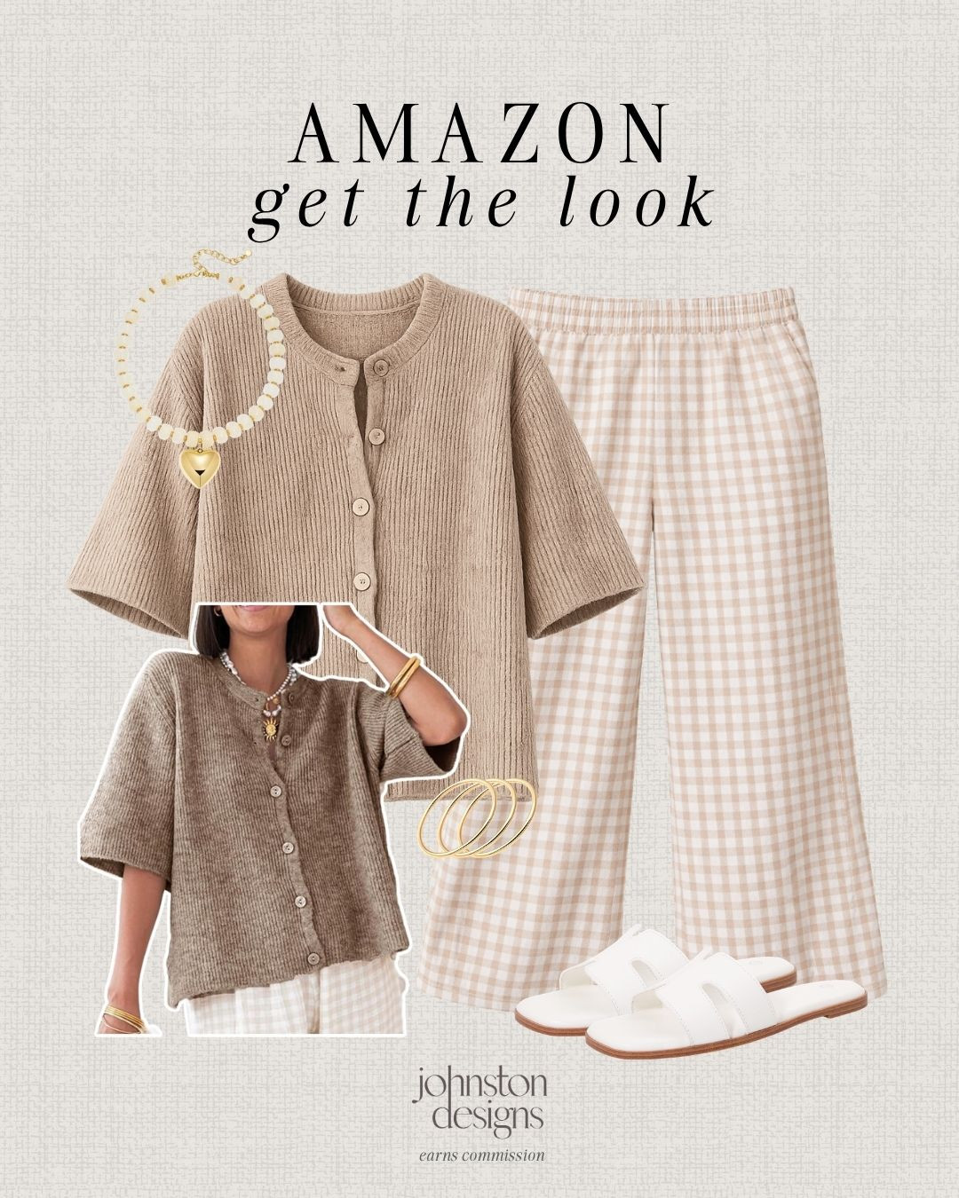 Amazon get the look featuring neutral knit top, gingham pants, simple sandals, and gold accessories for an effortless everyday outfit. 🤎

amazon fashion, casual outfit, neutral outfit, knit top outfit, gingham pants, everyday style, spring outfit ideas, minimal style, simple outfit, gold jewelry, effortless style, chic casual outfit 

 #LTKootd