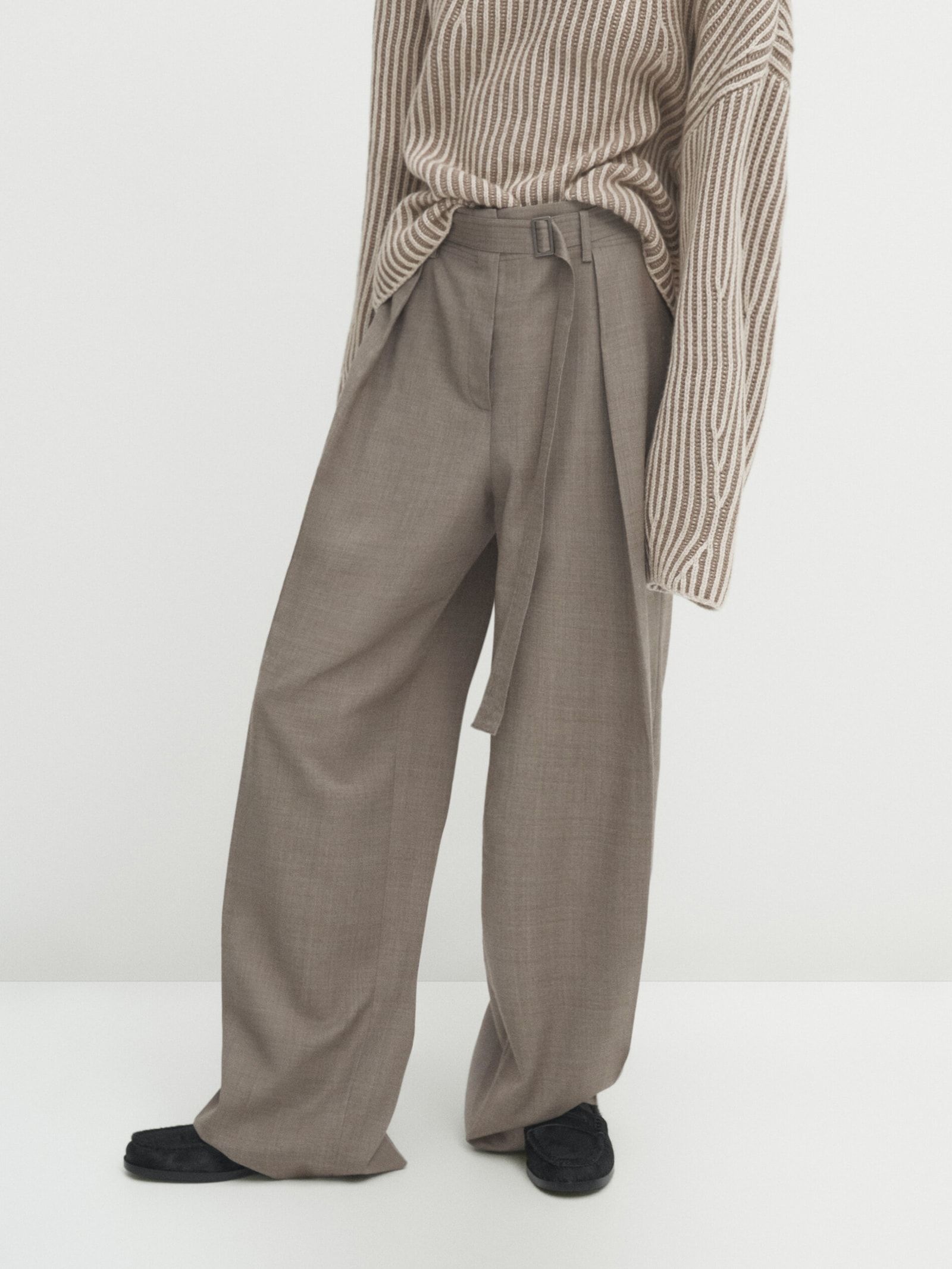 Flannel trousers with darts and belt | Massimo Dutti UK