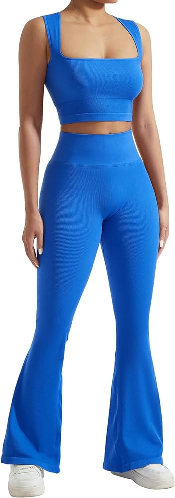 SUUKSESS Women Seamless Gym Set Tummy Control Flare Legging Square Neck Crop Top | Amazon (US)