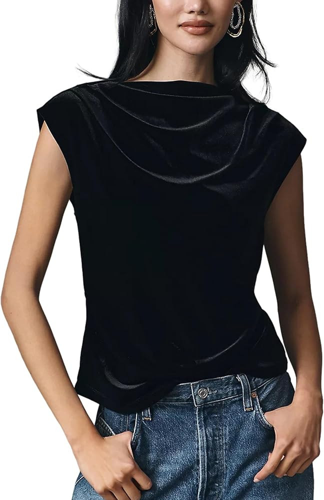 APAFES Women's Velvet Tops Cowl Neck Cap Sleeve Blouse Loose Fit Elegant Dressy Casual Top Office... | Amazon (US)