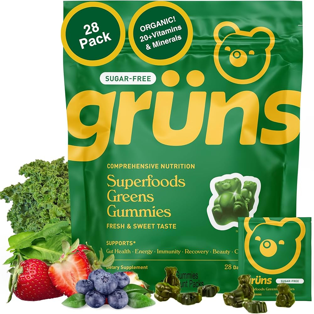 Gruns Adult Sugar-Free Super Greens Gummies, Superfood Gummy Bears with Spirulina, Chlorella, Fib... | Amazon (US)