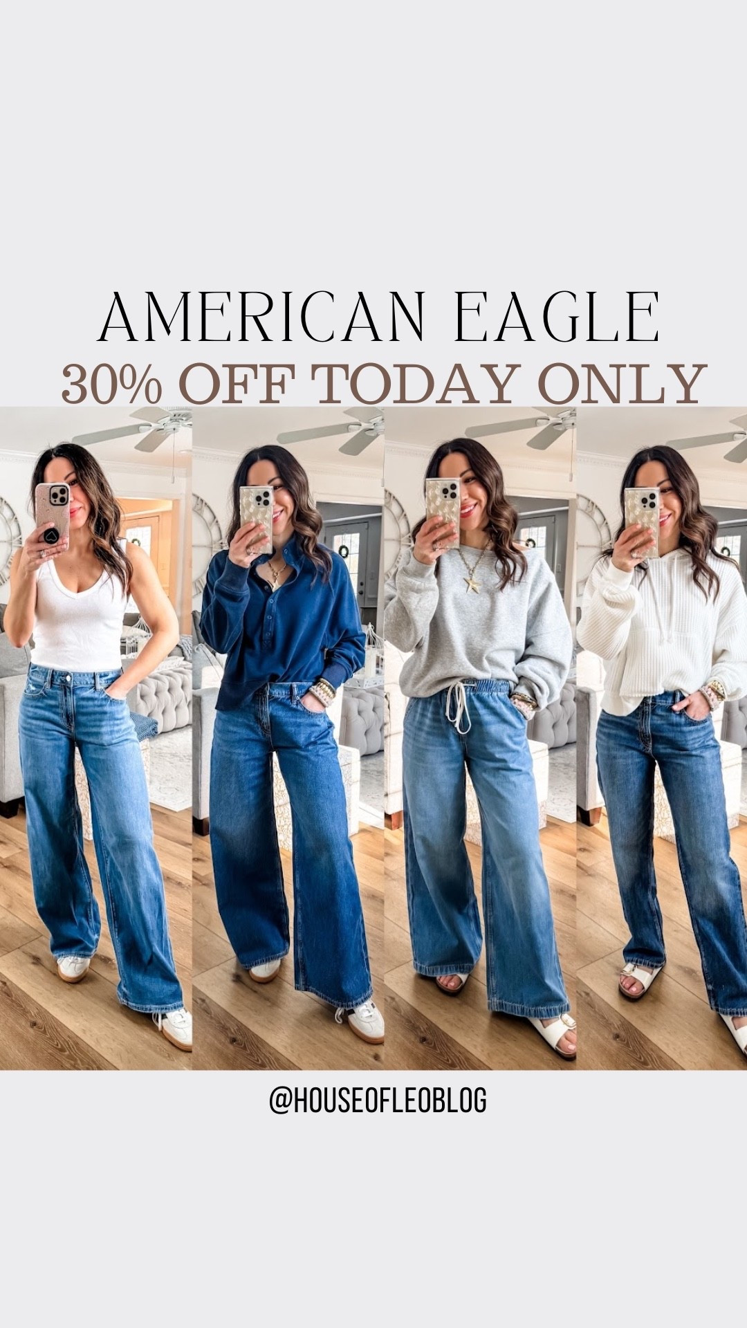 30% off for members today only at American Eagle. Small tops. Gray sweatshirt need XS. Wearing 0 short in almost all jeans except baggy jeans 0 regular. Drawstring jeans, small short, but prefer XS shorts. Low rise jeans. Straight leg jeans. 

#LTKSaleAlert #LTKPetite #LTKOver40