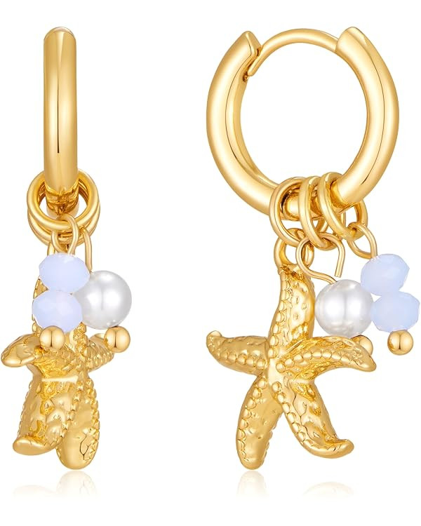 Beach Fish Starfish Conch Earrings for Women, Boho Gold Pearl Bead Ocean Earrings Bohemian Beach ... | Amazon (US)