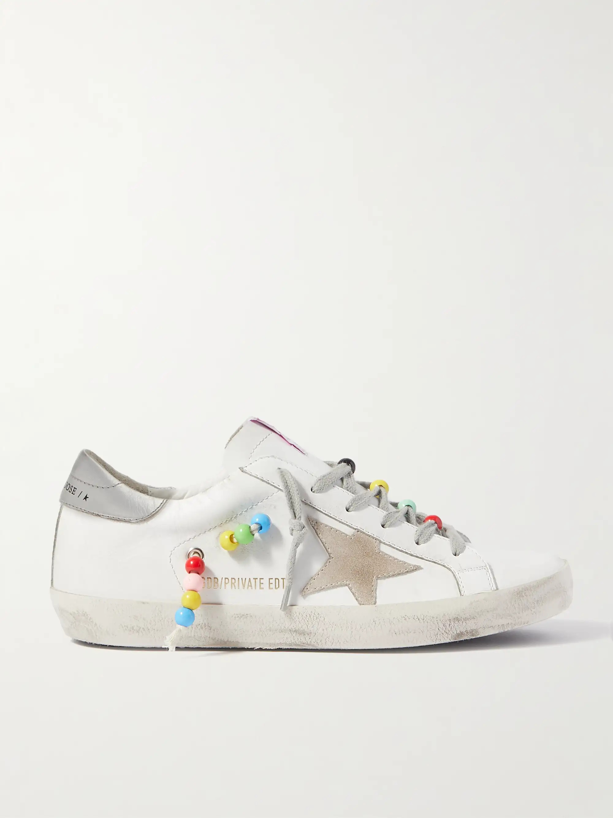 Superstar bead-embellished distressed leather and suede sneakers | NET-A-PORTER (US)