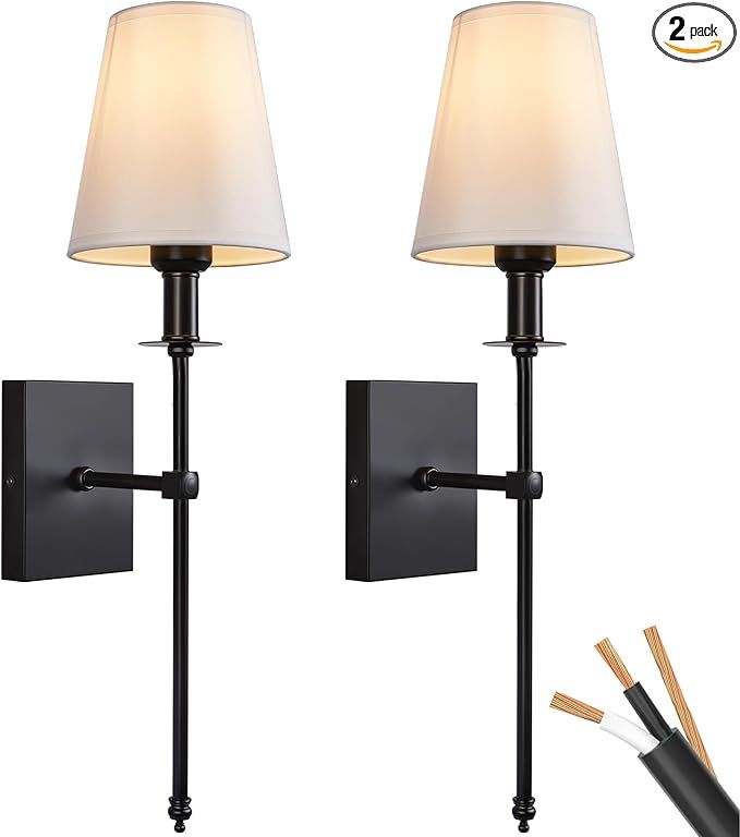 PASSICA DECOR Hardwired Wall Sconces Set of Two 2 Pack Black with Vertical Rod and White Fabric F... | Amazon (US)