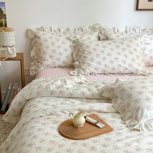 MKXI Twin XL Size Pink Floral Comforter Set - 3 Piece Ruffled Lace Bedding Set 1 Twin XL Comforter with 2 Pillowcases All Seasons, Soft Aesthetic Princess Style Floral Comforter for Girls, Women | Amazon (US)