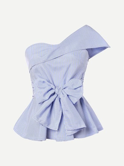 Pinstriped One-Shoulder Bow Peplum Top | SHEIN