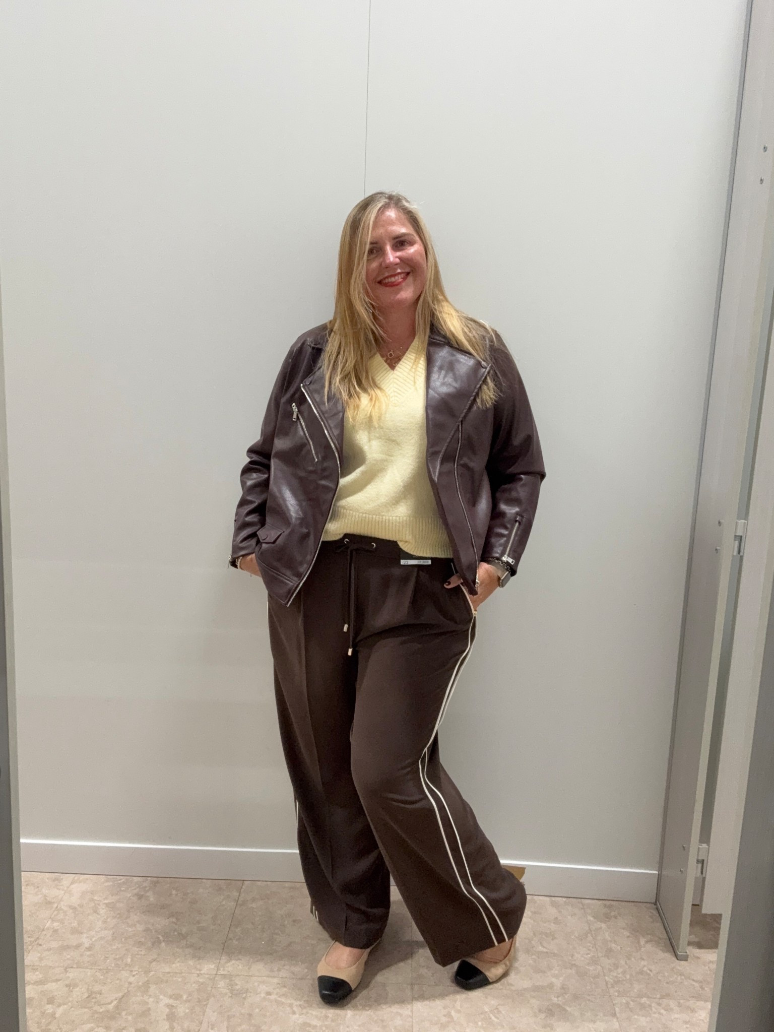 Faux leather jacket, brown side stripe wide leg trousers, yellow jumper

#LTKcurves #LTKautumn #LTKplussize