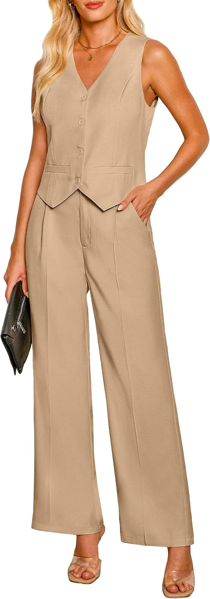 luvamia Pant Suits for Women Dressy Casual 2 Piece Sets Sleeveless Blazer Vest with High Rise Wid... | Amazon (US)