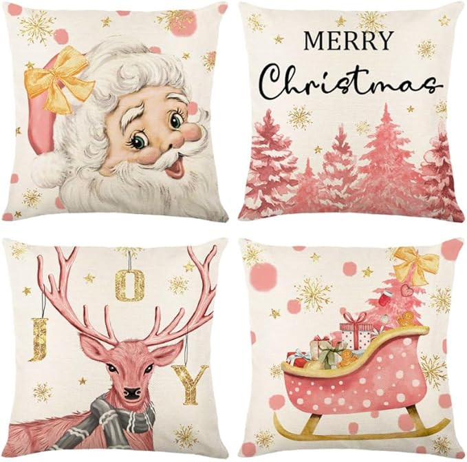 HOOLRO Christmas Pillow Covers 18 x 18 Inch Set of 4, Pink Merry Christmas Tree Reindeer Holiday ... | Amazon (US)