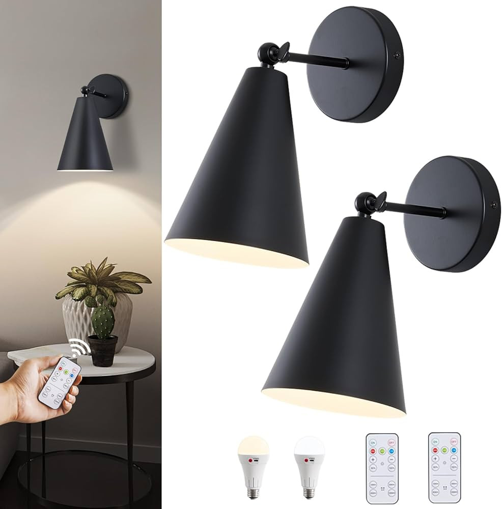 Battery Operated Wall Sconces Set of 2 with Remote, 5000mAh Dimmable Wall Lamps, Rechargeable Bat... | Amazon (US)