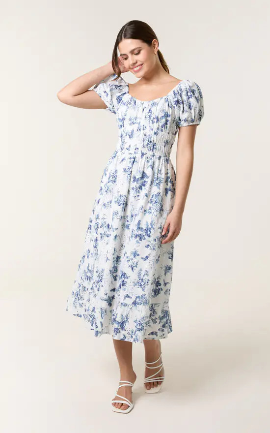 Puff Sleeve Shirred Print Dress | Blue Vanilla | SilkFred | SilkFred