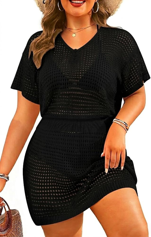 Aqua Eve Plus Size Swimsuit Cover Up - Crochet Bathing Suit Coverups 2025 Short Sleeve Beach Dres... | Amazon (US)