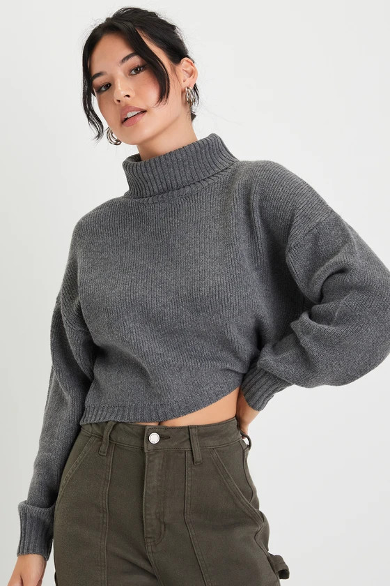 Comfy Intentions Dark Grey Turtleneck Cropped Pullover Sweater | Lulus