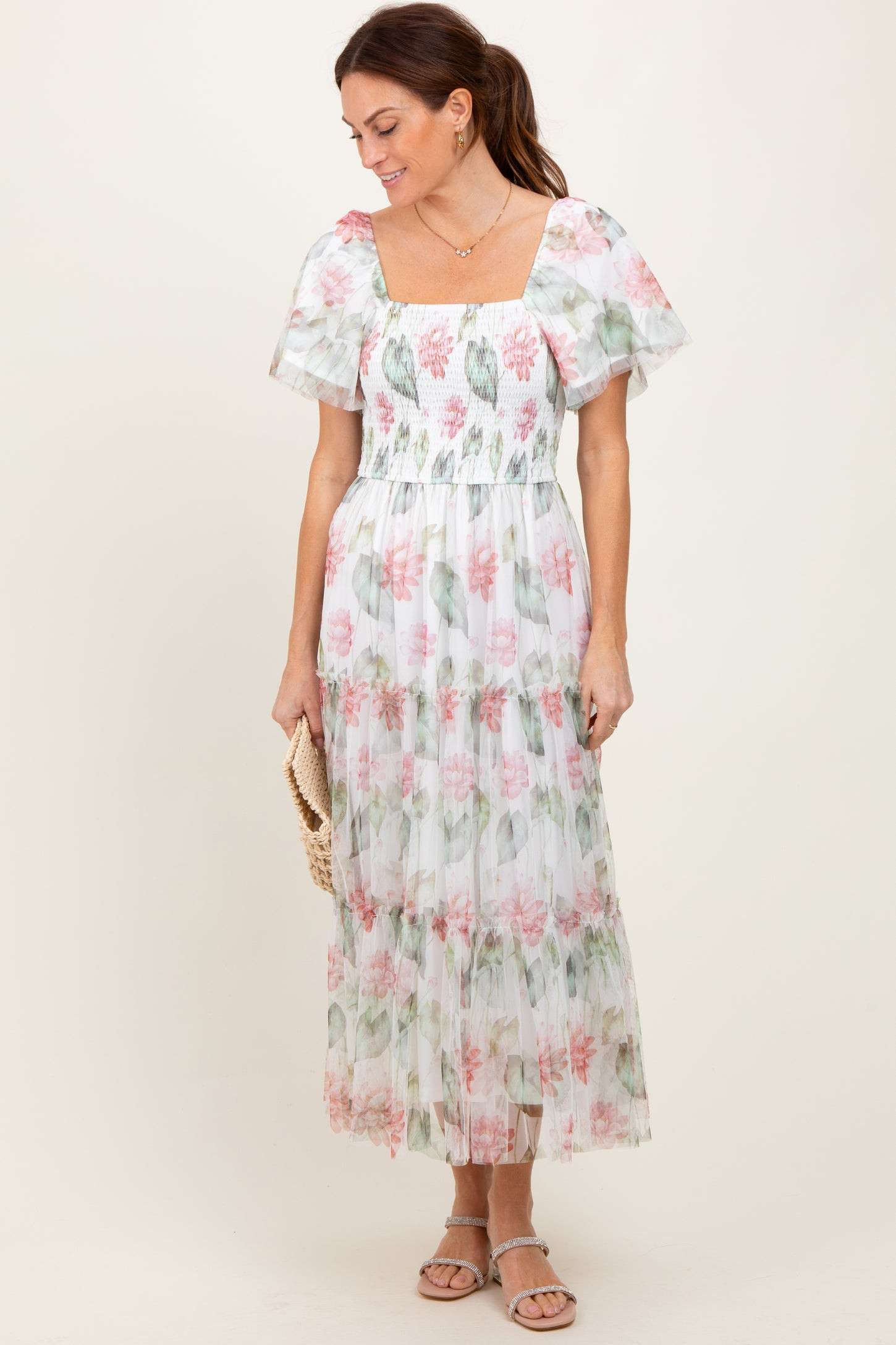 Ivory Floral Mesh Smocked Midi Dress | PinkBlush Maternity