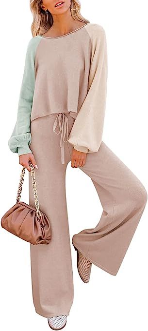Pink Queen Women's 2 Piece Outfit Sweater Set Long Sleeve Crop Knit Top and Wide Leg Long Pants S... | Amazon (US)