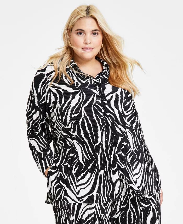 Plus Size Printed Plisse Button-Up Shirt, Created for Macy's | Macy's