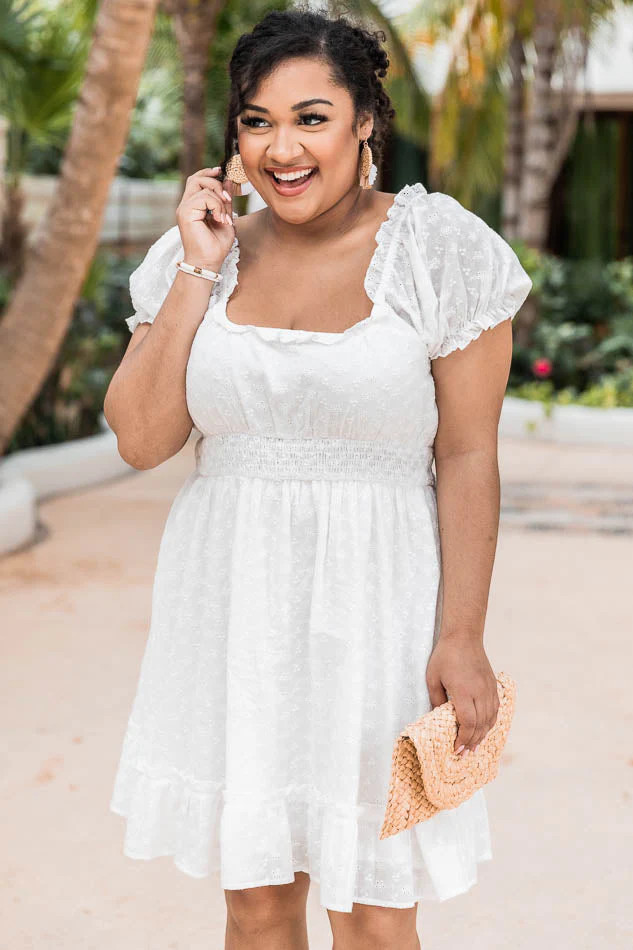 Delighted Smile Ivory Eyelet Puff Sleeve Mini Dress | Pink Lily