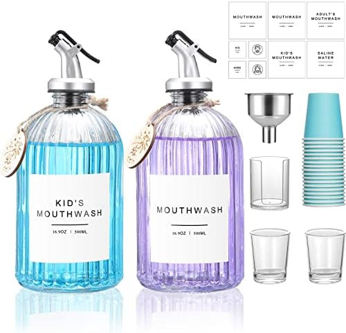 Glass Mouthwash Dispenser, 2 Pack 16.9oz Glass Bottles with Pour Spouts, 2 Reusable Glass Cups, 2... | Amazon (US)
