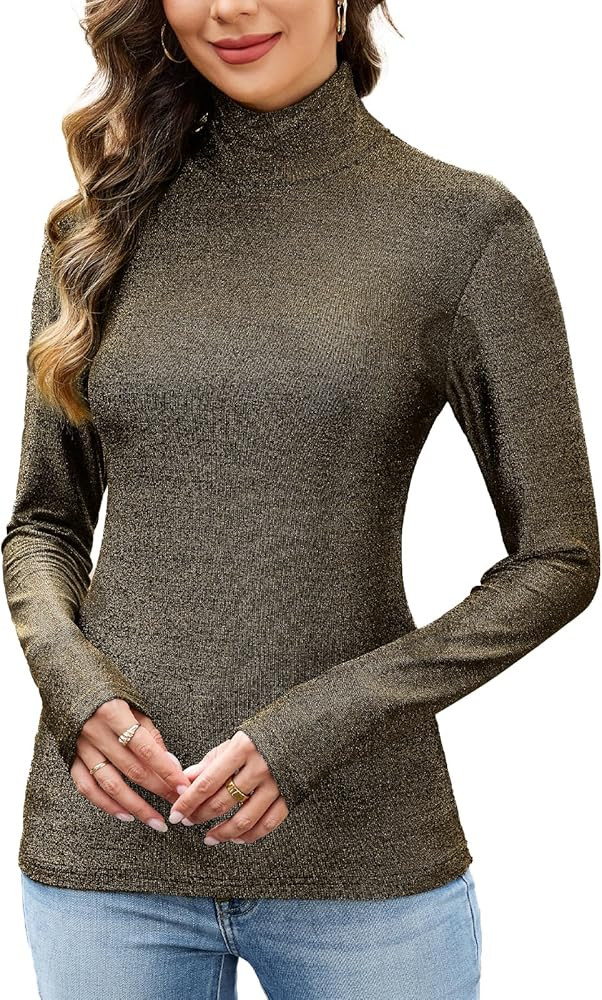 Sparkly Tops for Women, Turtleneck Long Sleeve Slim Fit Glitter Tee Blouse Tops | Amazon (US)