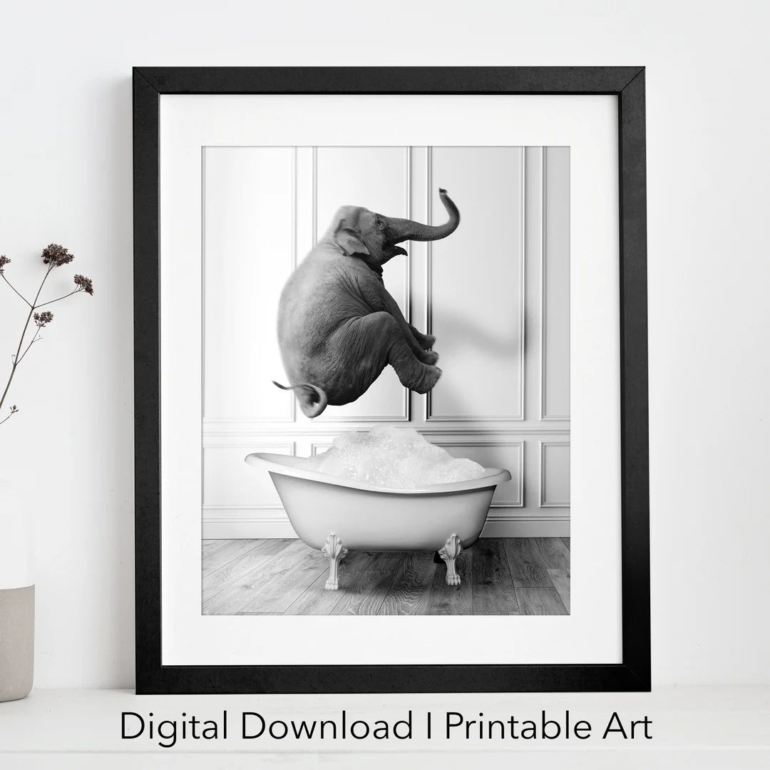 Happy Elephant in Tub Printable Wall Art Elephant Photo Elephant Art Bathroom Art Print Digital D... | Etsy (US)
