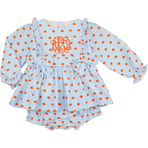 Blue And Orange Pumpkin Print Bow Diaper Set | Cecil and Lou