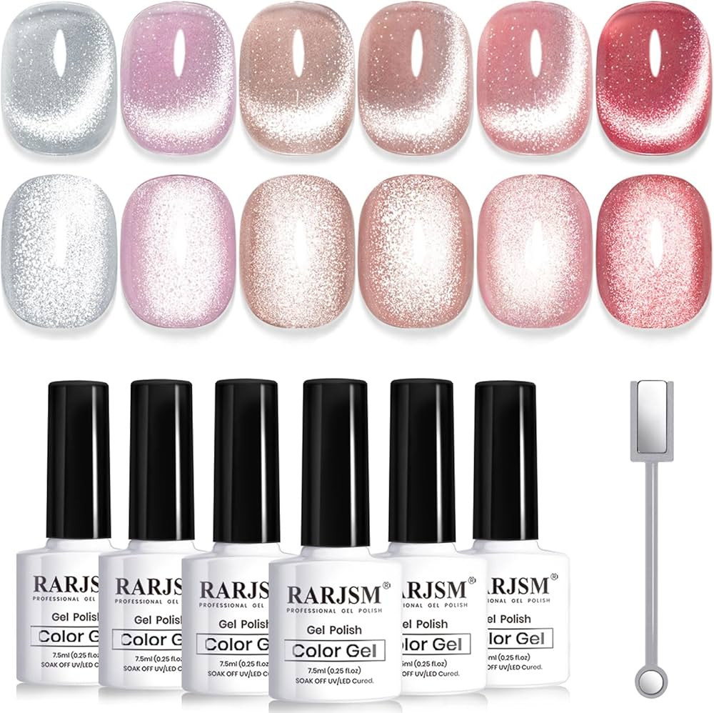 RARJSM Cat Eye Gel Nail Polish Set 6 Pcs Magnetic Sparkle Diamond Glitter Nude Pink Light Purple ... | Amazon (US)