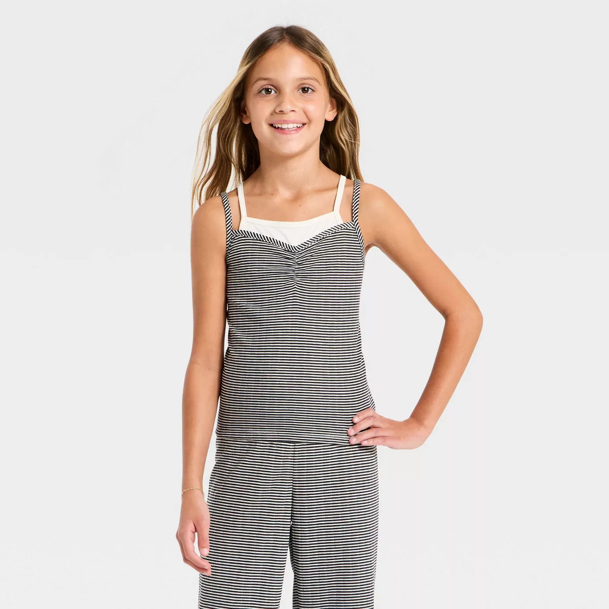 Girls' Jacquard Striped Tank Top and Pants Pajama Set - art class™ Black M | Target