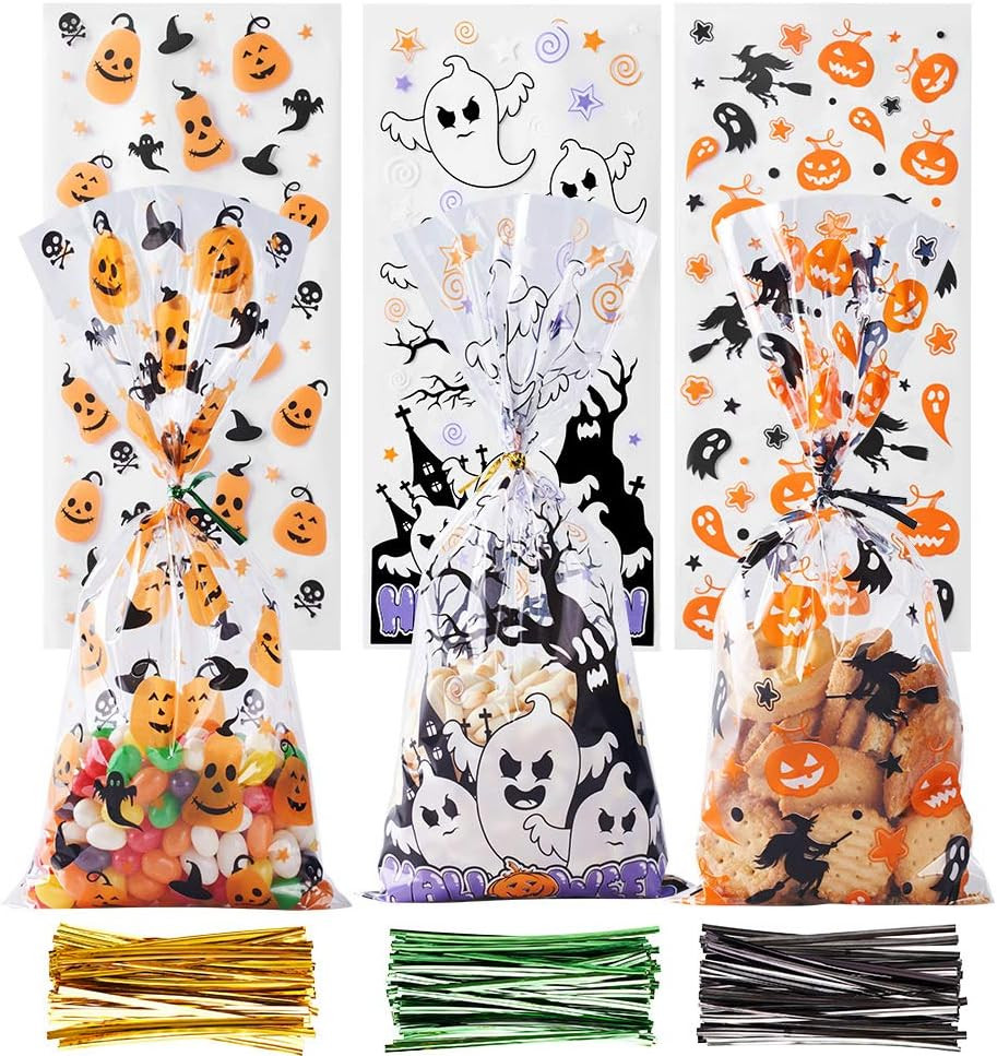 CCINEE Halloween Cellophane Treat Bags, 150pcs Halloween Plastic Clear Candy Bags with 300pcs Twists for Snacks Cookies Packing | Amazon (US)