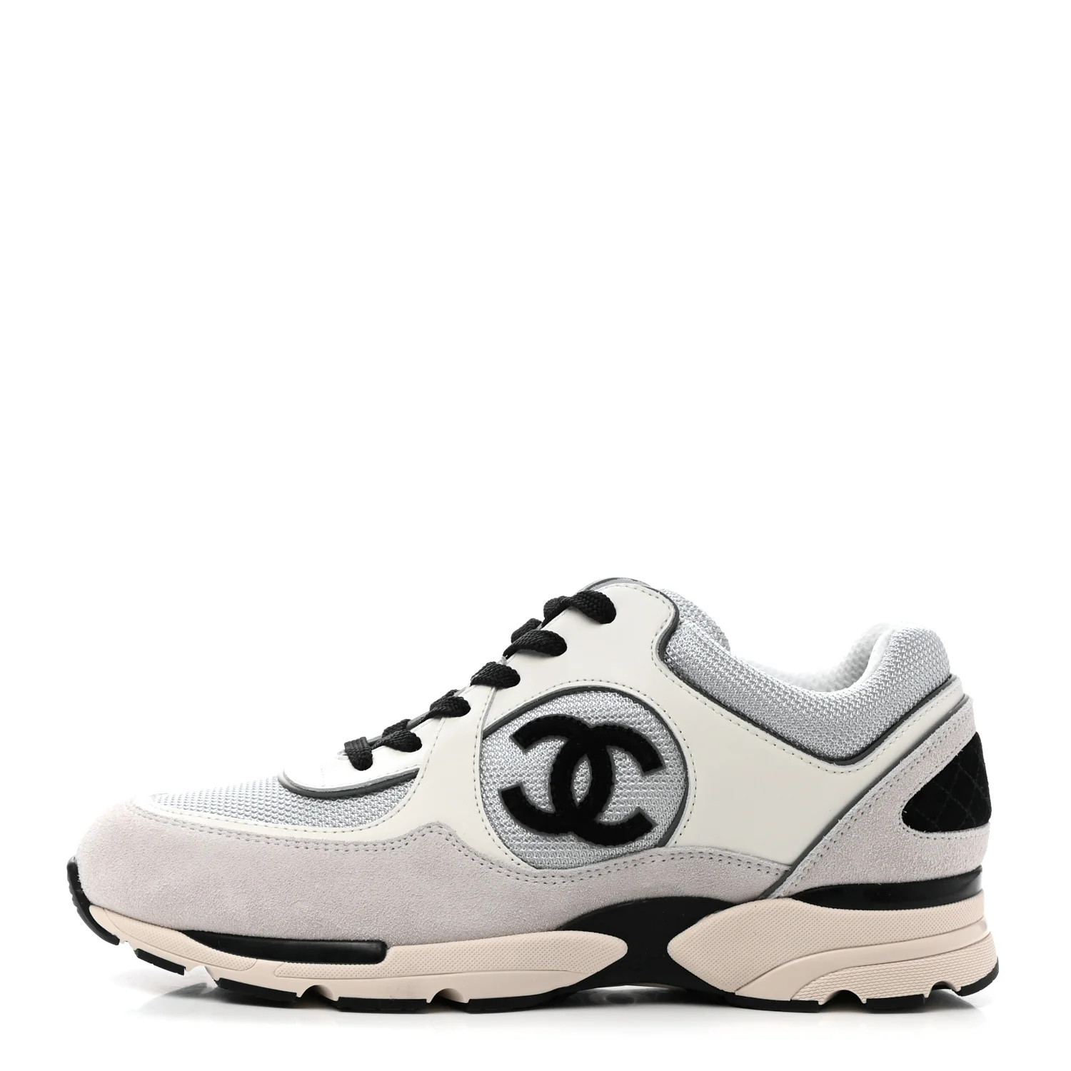 CHANEL Mesh Suede Calfskin Womens CC Sneakers 40.5 White Silver Light Grey | FASHIONPHILE (US)