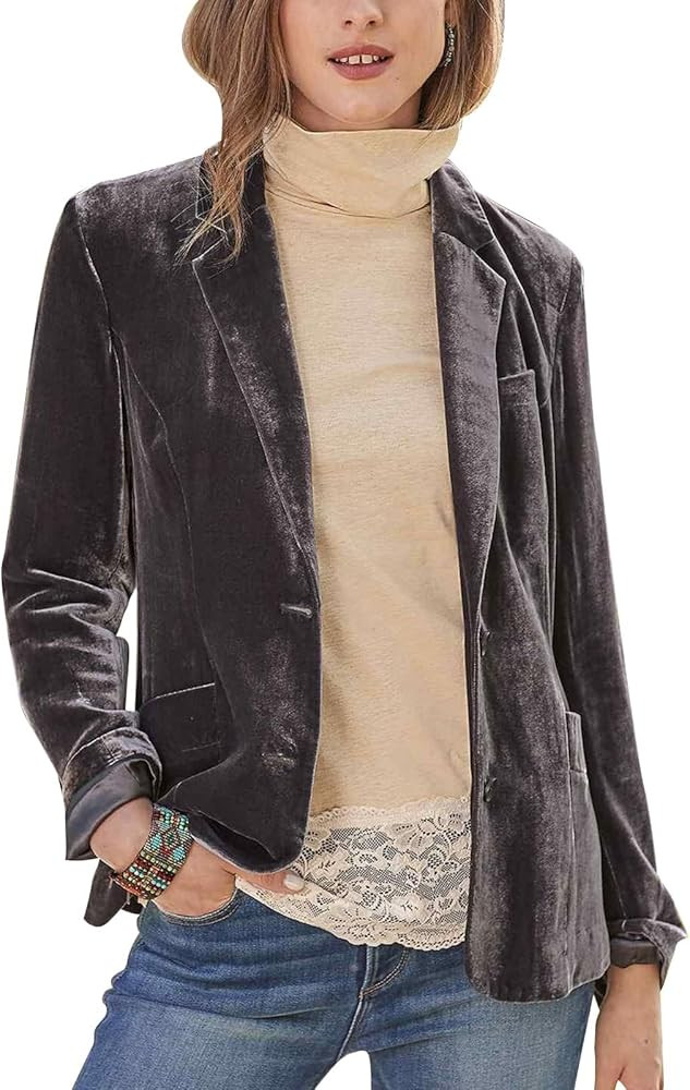 MINTLIMIT Women's Casual Velvet Blazer Notched Lapel Button Front Jacket Long Sleeve V Neck Jacke... | Amazon (US)