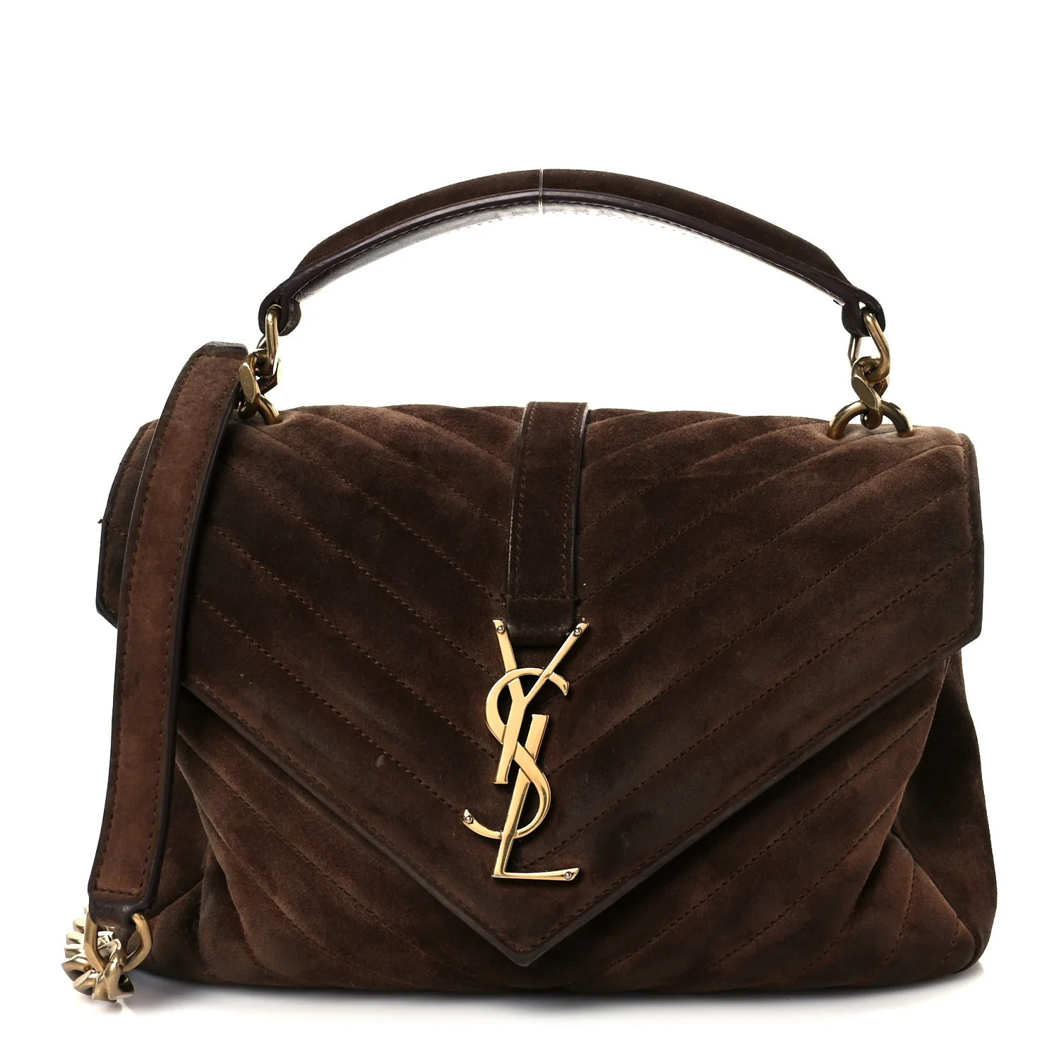 Suede Matelasse Chevron Monogram Medium College Bag Bark Brown | FASHIONPHILE (US)