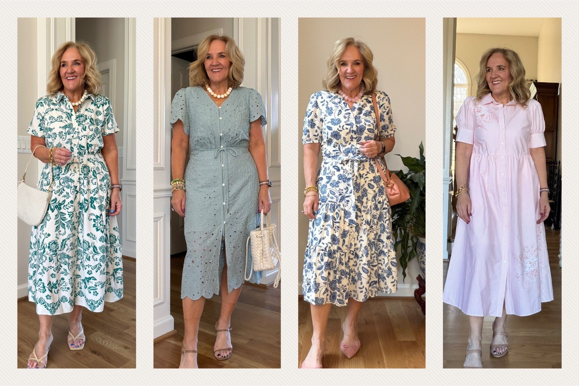 Under $50 Easter dresses
Green print dress size 8 petite
Blue eyelet dress size 8 petite (size up if inbetween) 
Blue and white floral size medium/8 (size up if pear shaped) 
Pink striped dress size medium

#LTKSeasonal #LTKSaleAlert #LTKOver40