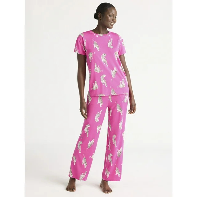 Joyspun Women's Short Sleeve Sleep Top and Open Leg Pants Pajama Set, 2-Piece, Sizes XS-3X | Walmart (US)