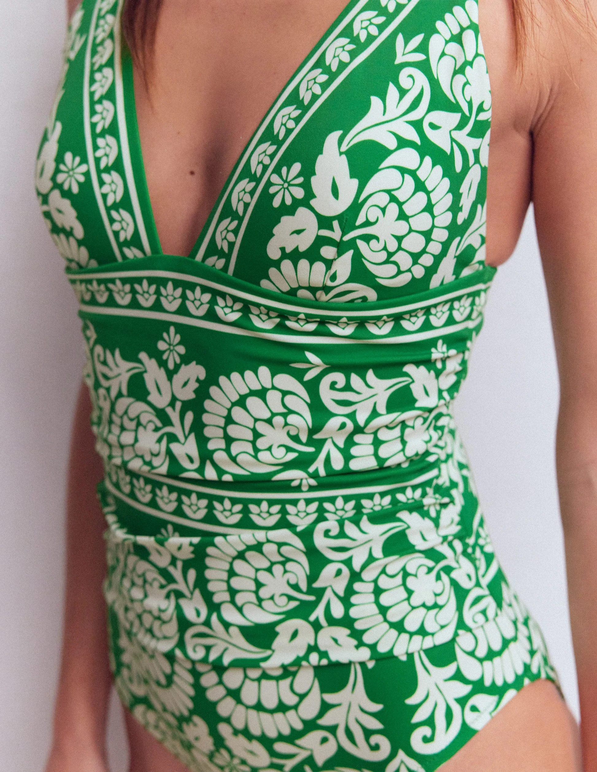 Mykonos Deep V Swimsuit-Green, Ornate Floret | Boden (US)