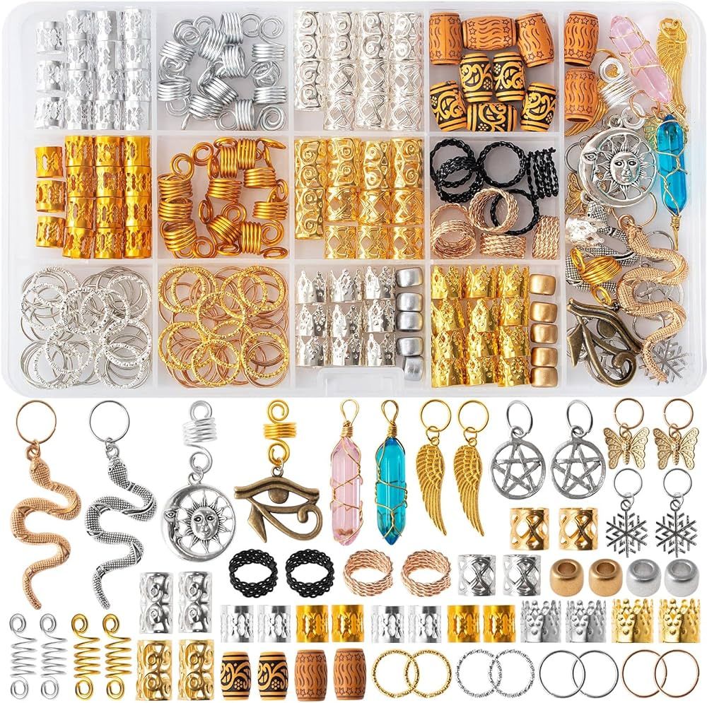 200pcs Hair Beads Jewelry, Dreadlocks Gem Crystal Charms, Metal Coils Rings, Gold And Silver Pend... | Amazon (US)